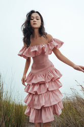 Romantic Off-Shoulder Linen Dress with Tiered Ruffle Skirt and Fitted Bodice